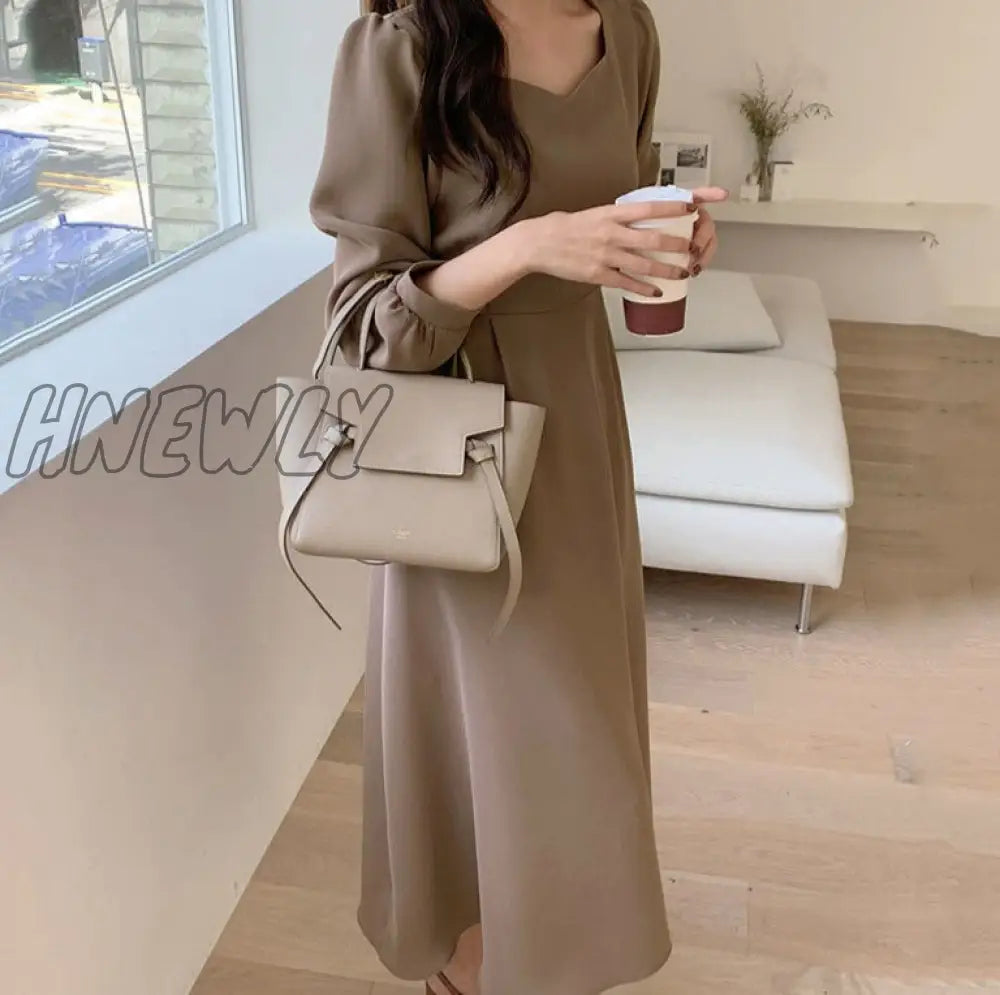 Hnewly Chic Korean Fashion Women Temperament Office Lady Elegant Work Basic Wear Solid Vintage Long