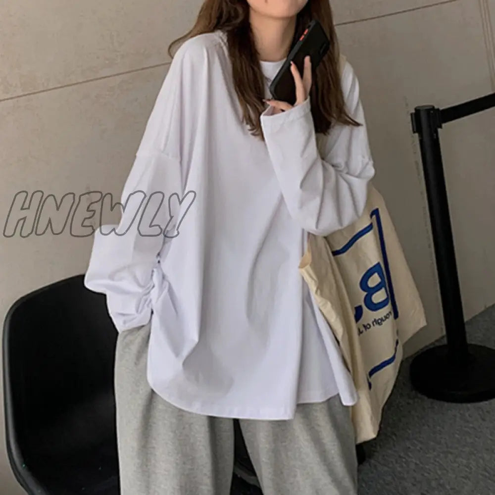 Hnewly Chic Loose Long Sleeve T-Shirt Women’s Basic O-Neck Autumn Cotton Tee Shirt Ladies Solid