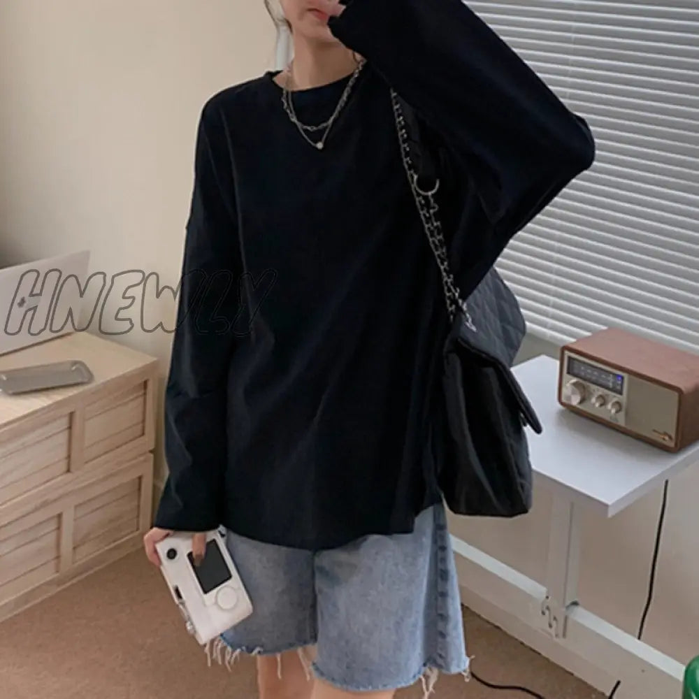 Hnewly Chic Loose Long Sleeve T-Shirt Women’s Basic O-Neck Autumn Cotton Tee Shirt Ladies Solid