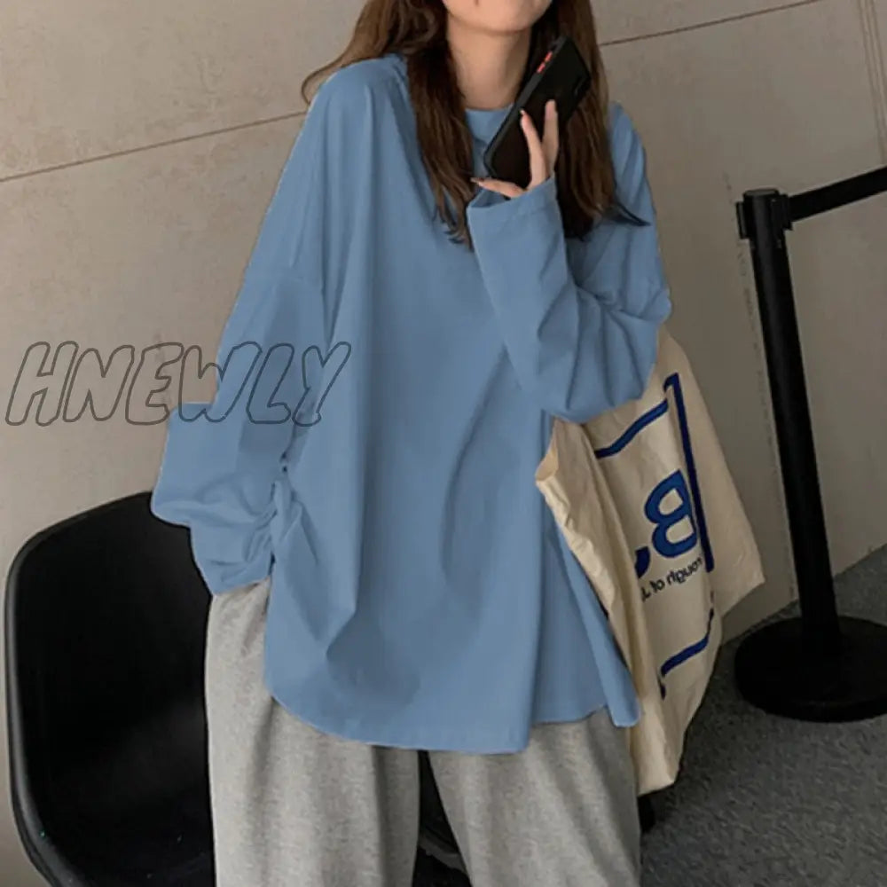 Hnewly Chic Loose Long Sleeve T-Shirt Women’s Basic O-Neck Autumn Cotton Tee Shirt Ladies Solid