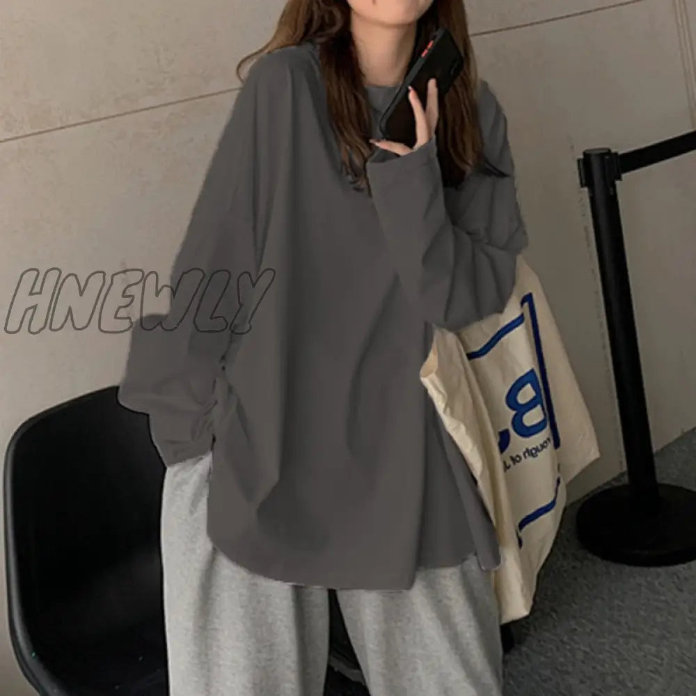 Hnewly Chic Loose Long Sleeve T-Shirt Women’s Basic O-Neck Autumn Cotton Tee Shirt Ladies Solid