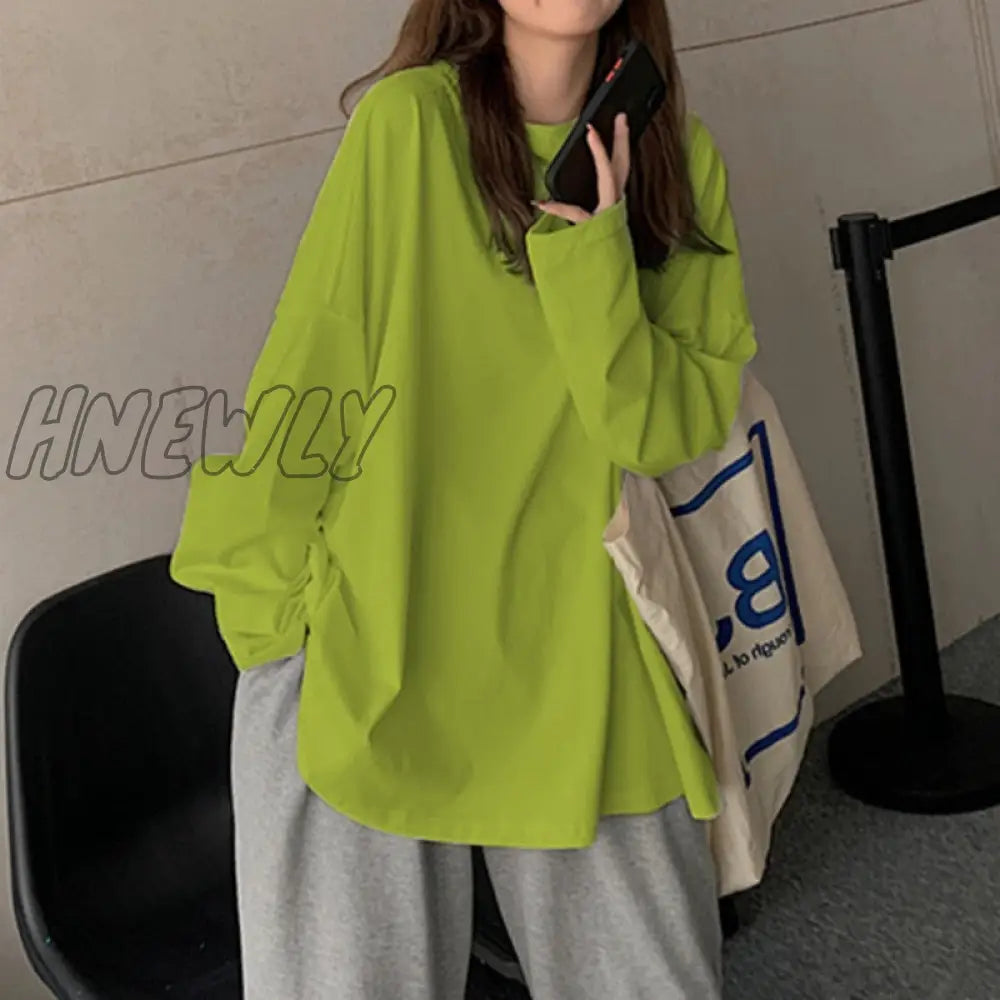 Hnewly Chic Loose Long Sleeve T-Shirt Women’s Basic O-Neck Autumn Cotton Tee Shirt Ladies Solid