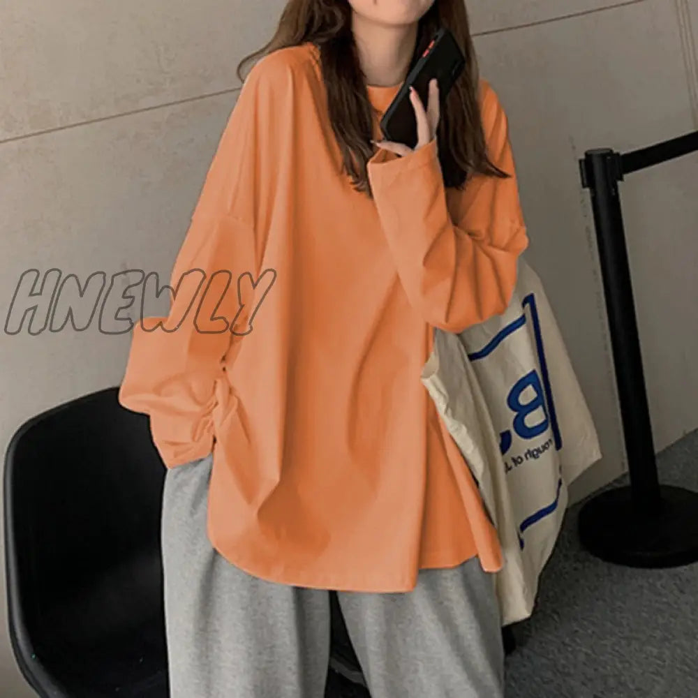 Hnewly Chic Loose Long Sleeve T-Shirt Women’s Basic O-Neck Autumn Cotton Tee Shirt Ladies Solid