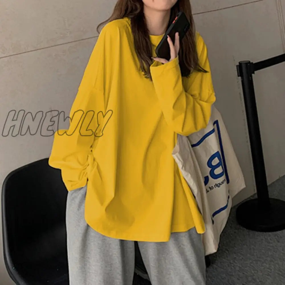 Hnewly Chic Loose Long Sleeve T-Shirt Women’s Basic O-Neck Autumn Cotton Tee Shirt Ladies Solid