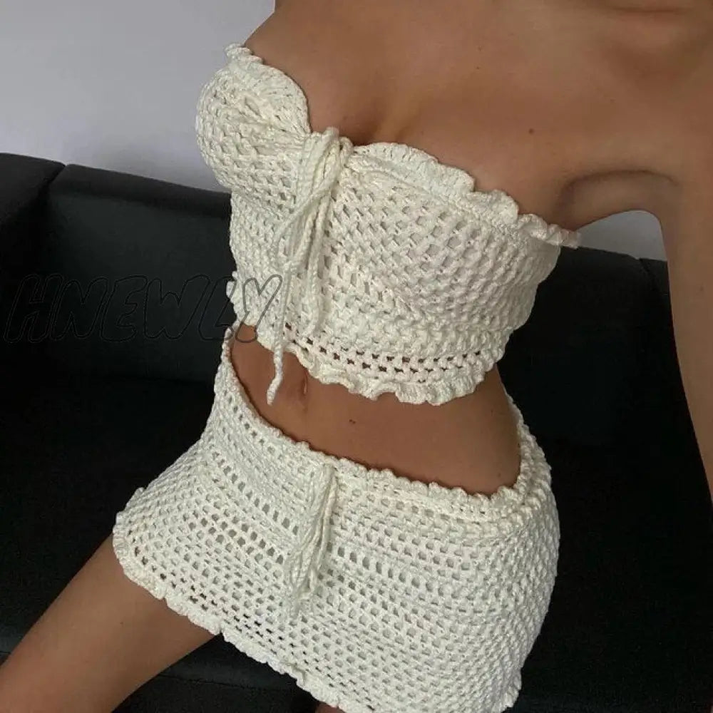 Hnewly Chic Women Y2K Ruffles Knitted Hollow Out Strapless Tube Crop Top And Mini Skirt 2 Piece
