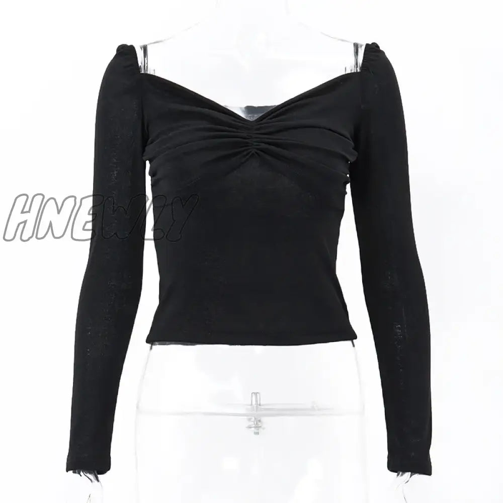 Hnewly Chic Y2K Crop Tops Women Sexy Ruched Low Cut V Neck Long Sleeve T Shirt Autumn Female