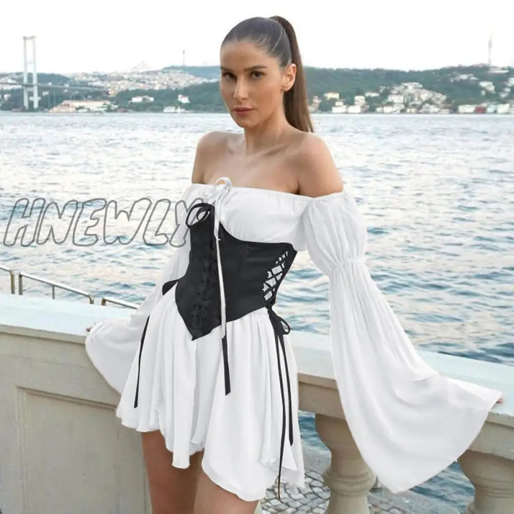 Hnewly Chiffon Slash Neck Mini Dress Women Summer Beach Vacation Long Sleeve Corset Bandage