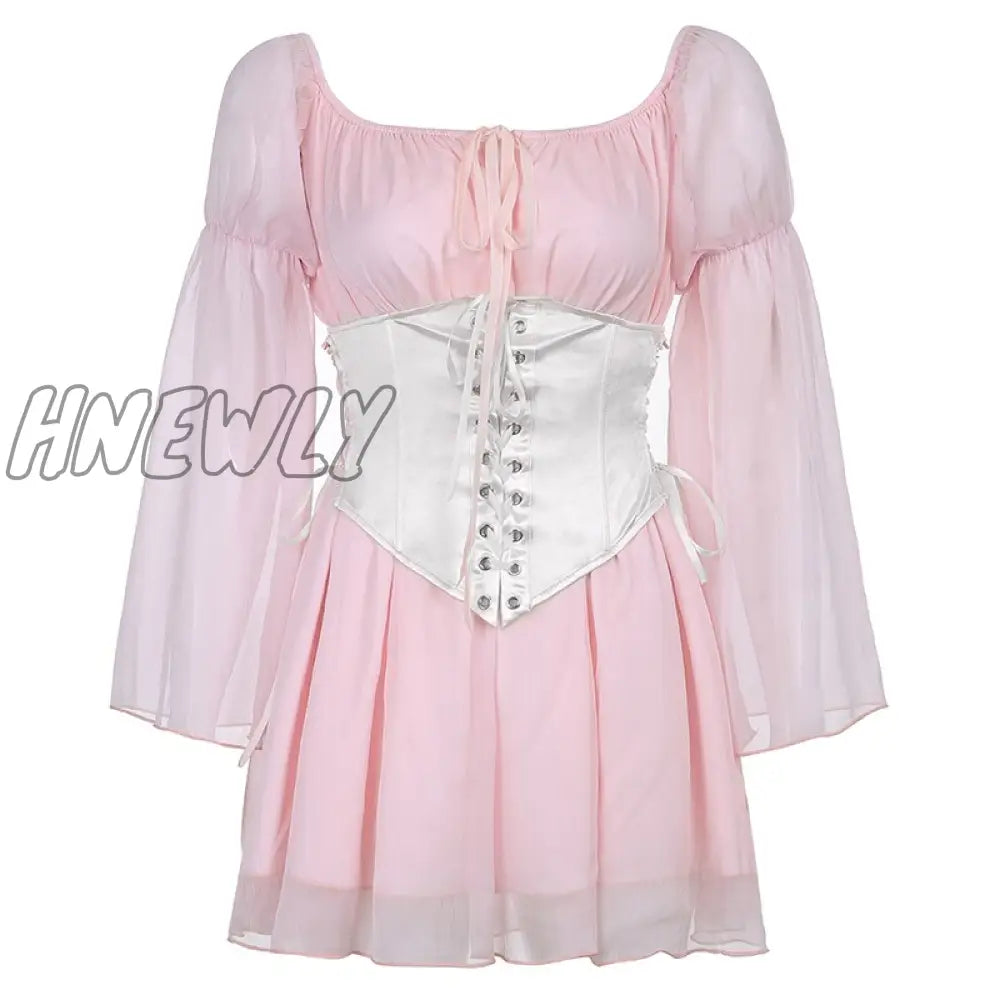 Hnewly Chiffon Summer Dress And Corset Belt 2 Pieces Set Elegant Bustier Flare Sleeve Beach Party