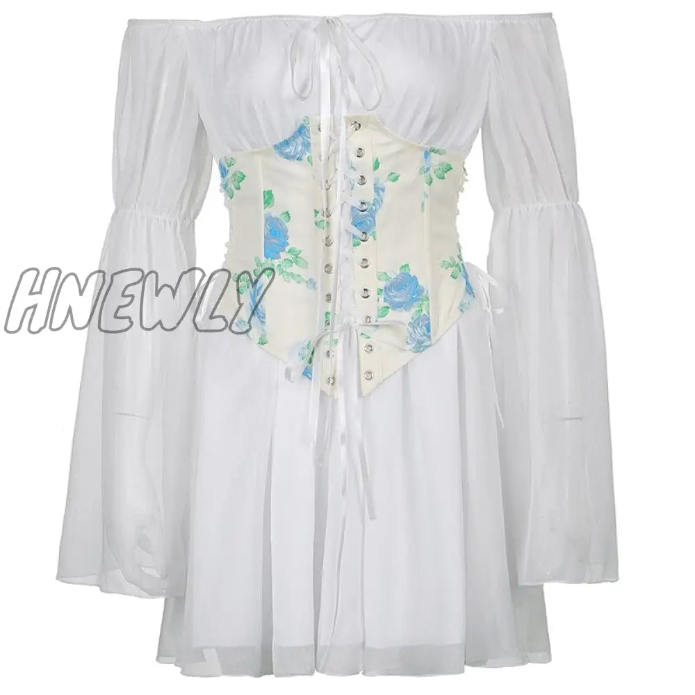 Hnewly Chiffon Summer Dress And Corset Belt 2 Pieces Set Elegant Bustier Flare Sleeve Beach Party