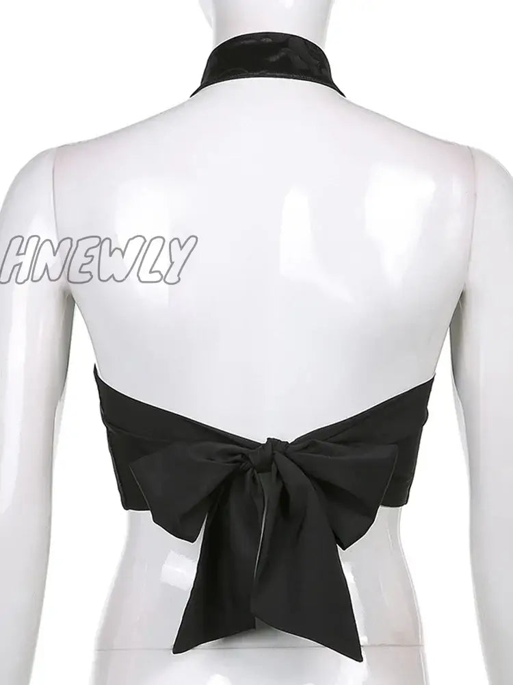 Hnewly Chinese Style Elegant Jacquard Black Halter Top Backless Lace Up Bow Summer Tank Women Sexy