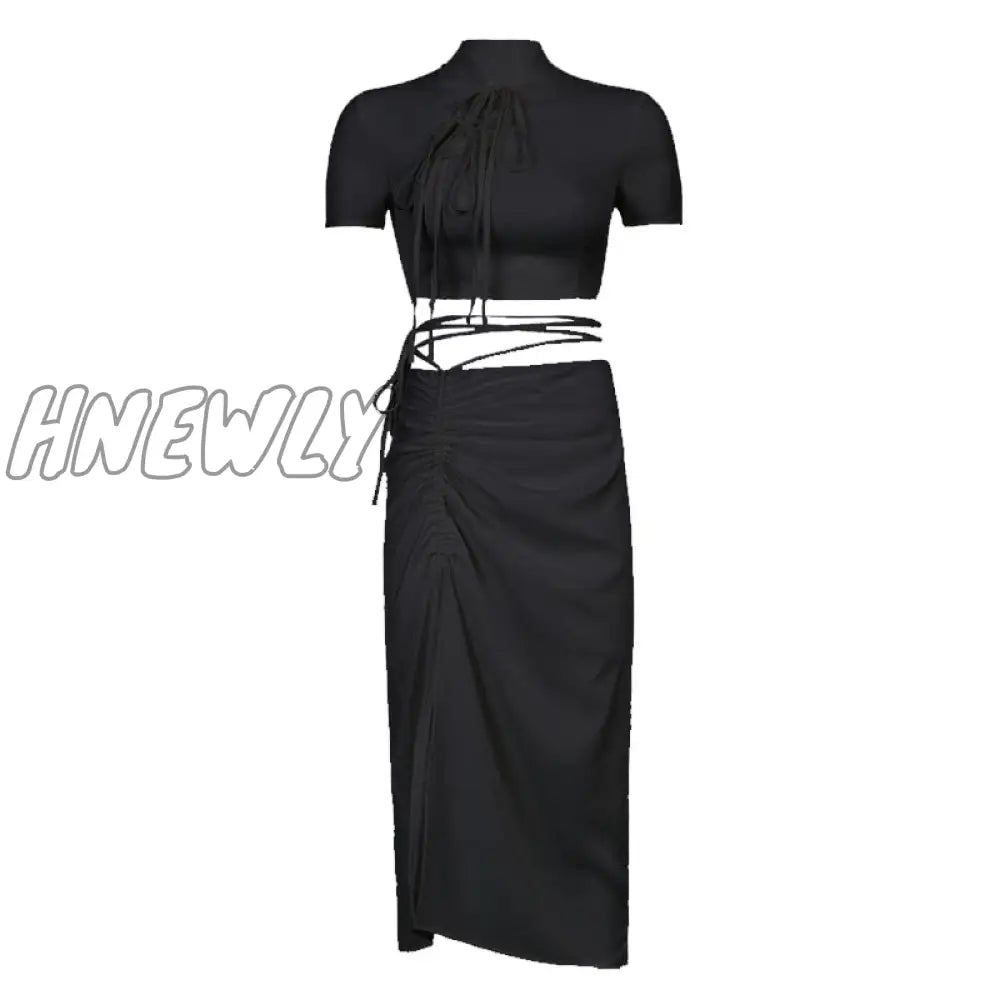 Hnewly Chinese Style Sexy Slim Bandage Dress Set Women Hollow Out Short Sleeve Crop Tops Drawstring