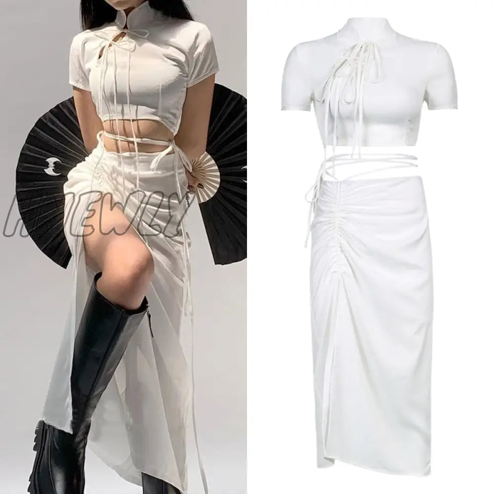 Hnewly Chinese Style Sexy Slim Bandage Dress Set Women Hollow Out Short Sleeve Crop Tops Drawstring