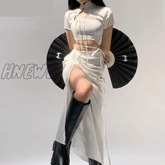 Hnewly Chinese Style Sexy Slim Bandage Dress Set Women Hollow Out Short Sleeve Crop Tops Drawstring