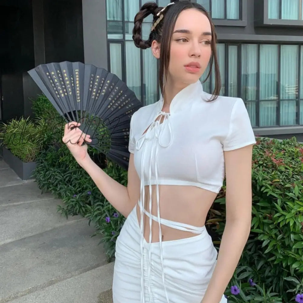 Hnewly Chinese Style Sexy Slim Bandage Dress Set Women Hollow Out Short Sleeve Crop Tops Drawstring