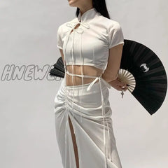 Hnewly Chinese Style Sexy Slim Bandage Dress Set Women Hollow Out Short Sleeve Crop Tops Drawstring