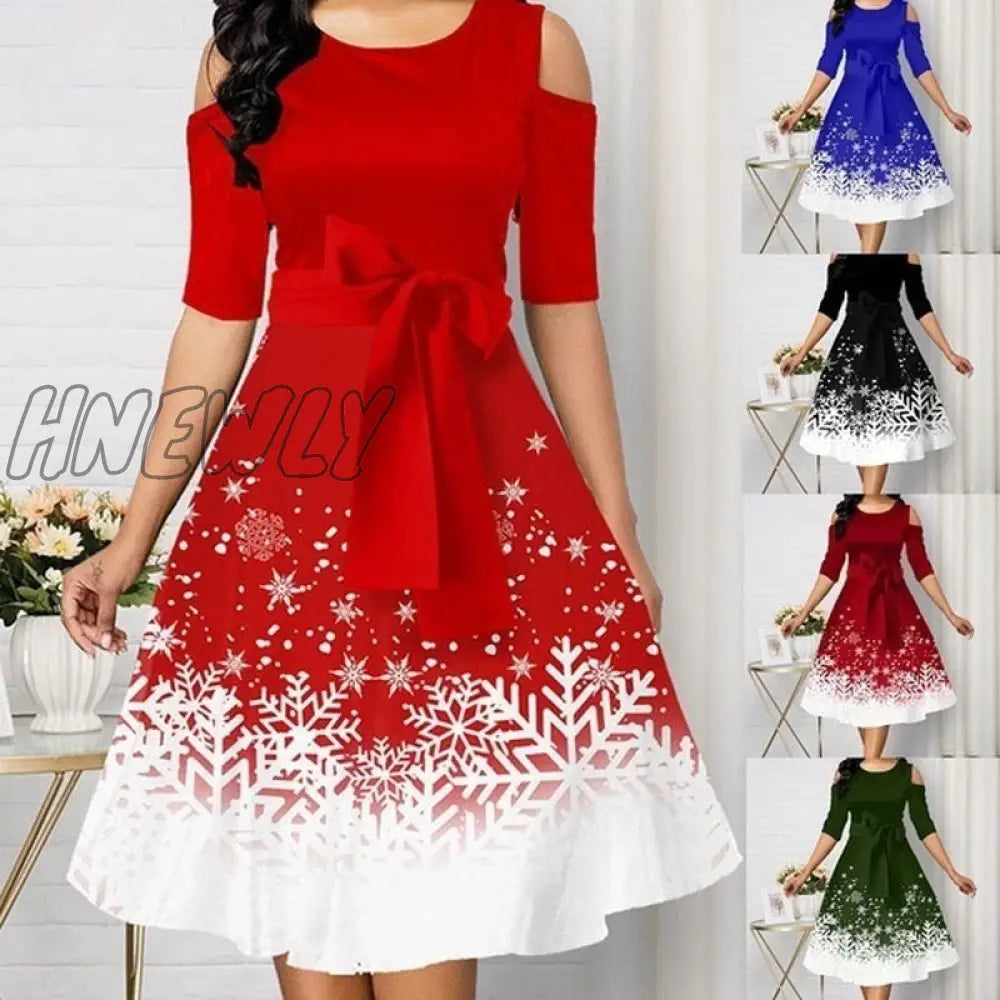 Hnewly Christmas Party Dress Red Women New Belted Snowflake Print Cold Shoulder Round Neck Plus