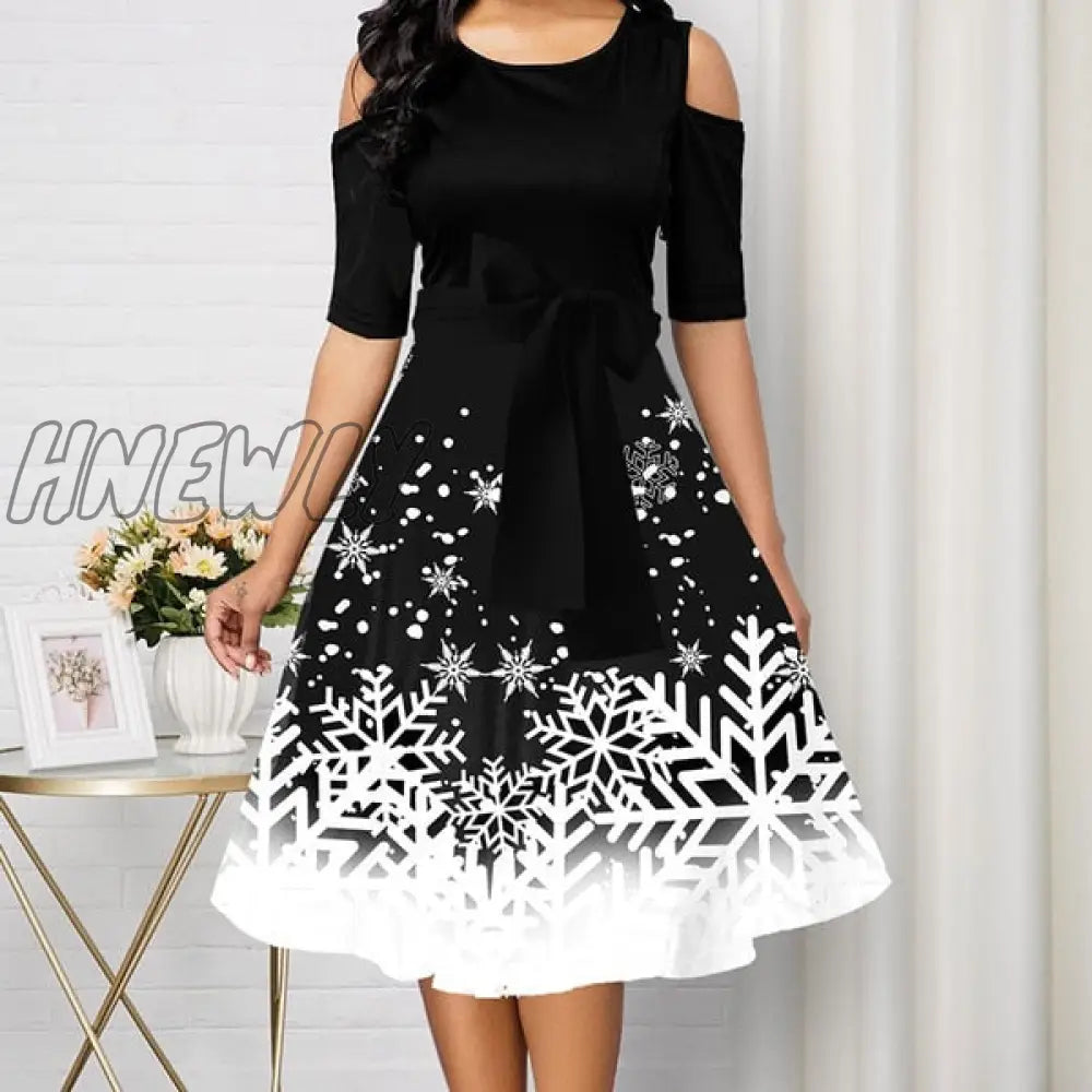 Hnewly Christmas Party Dress Red Women New Belted Snowflake Print Cold Shoulder Round Neck Plus