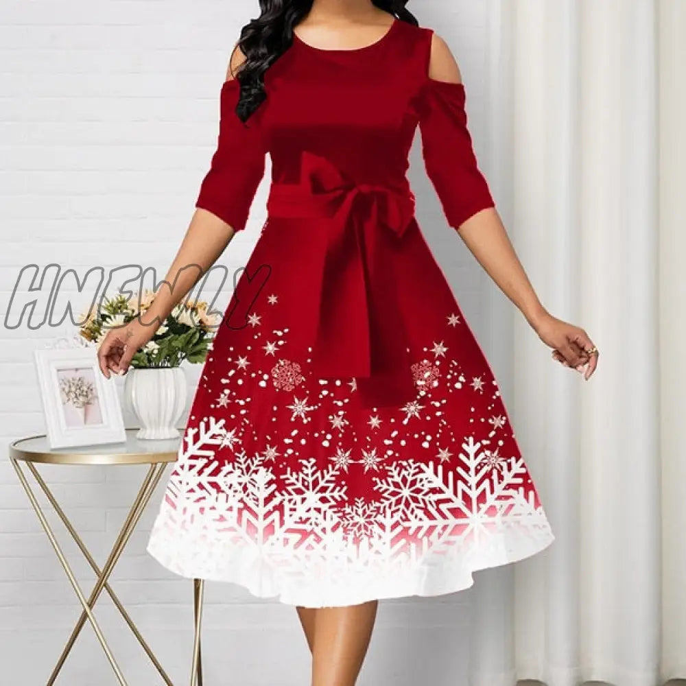 Hnewly Christmas Party Dress Red Women New Belted Snowflake Print Cold Shoulder Round Neck Plus