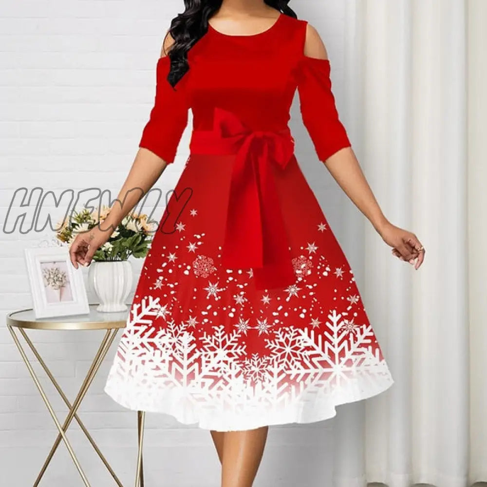 Hnewly Christmas Party Dress Red Women New Belted Snowflake Print Cold Shoulder Round Neck Plus