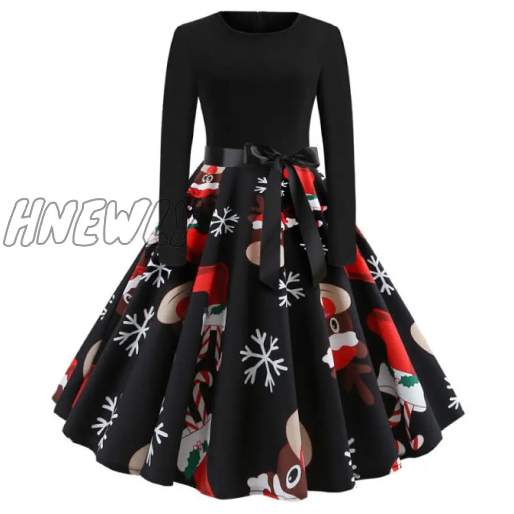 Hnewly Christmas Party Dress Women Winter Printed Big Swing Black Dresses 50S 60S Vintage Long