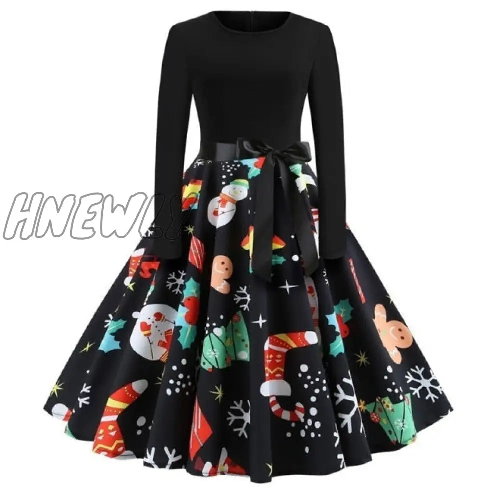 Hnewly Christmas Party Dress Women Winter Printed Big Swing Black Dresses 50S 60S Vintage Long