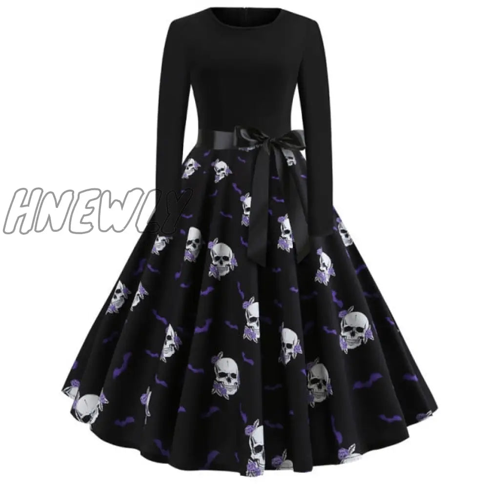 Hnewly Christmas Party Dress Women Winter Printed Big Swing Black Dresses 50S 60S Vintage Long