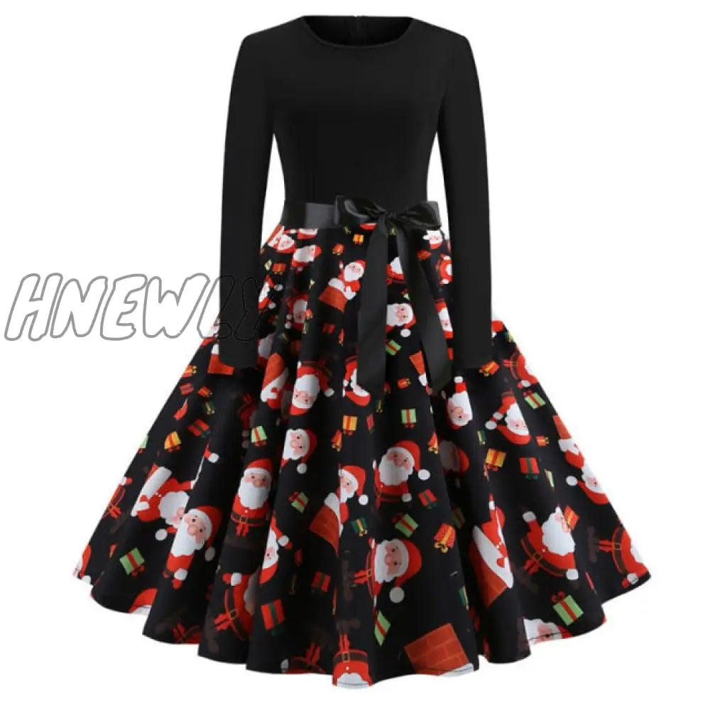 Hnewly Christmas Party Dress Women Winter Printed Big Swing Black Dresses 50S 60S Vintage Long