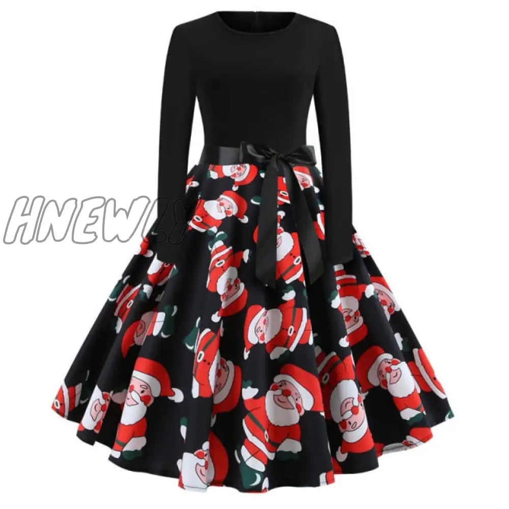 Hnewly Christmas Party Dress Women Winter Printed Big Swing Black Dresses 50S 60S Vintage Long