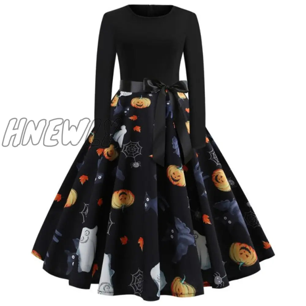 Hnewly Christmas Party Dress Women Winter Printed Big Swing Black Dresses 50S 60S Vintage Long