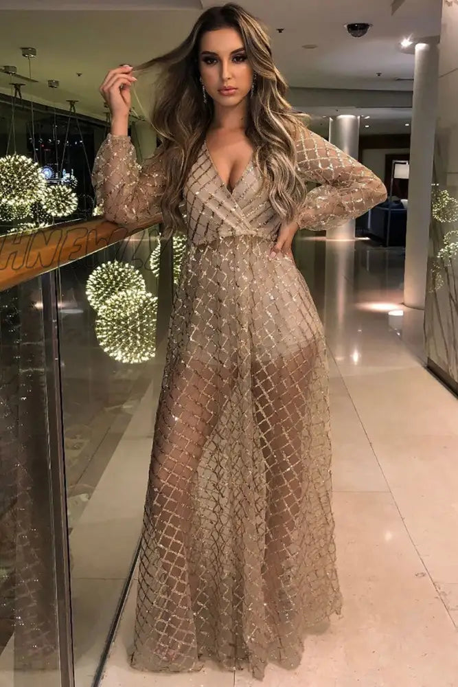 Hnewly Christmas Party Women Summer Long Dress Sleeve Sexy Mesh Tulle Gold Sequin Maxi Vestidos De