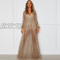 Hnewly Christmas Party Women Summer Long Dress Sleeve Sexy Mesh Tulle Gold Sequin Maxi Vestidos De