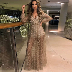 Hnewly Christmas Party Women Summer Long Dress Sleeve Sexy Mesh Tulle Gold Sequin Maxi Vestidos De