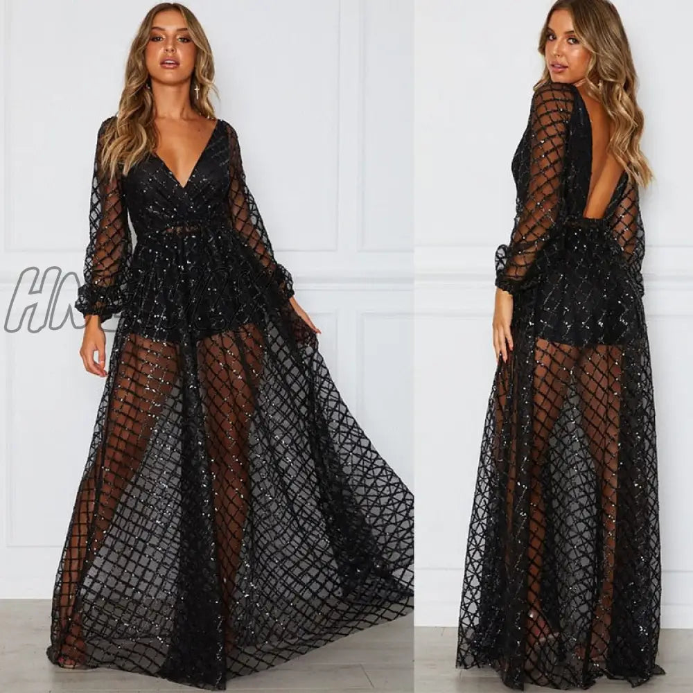 Hnewly Christmas Party Women Summer Long Dress Sleeve Sexy Mesh Tulle Gold Sequin Maxi Vestidos De