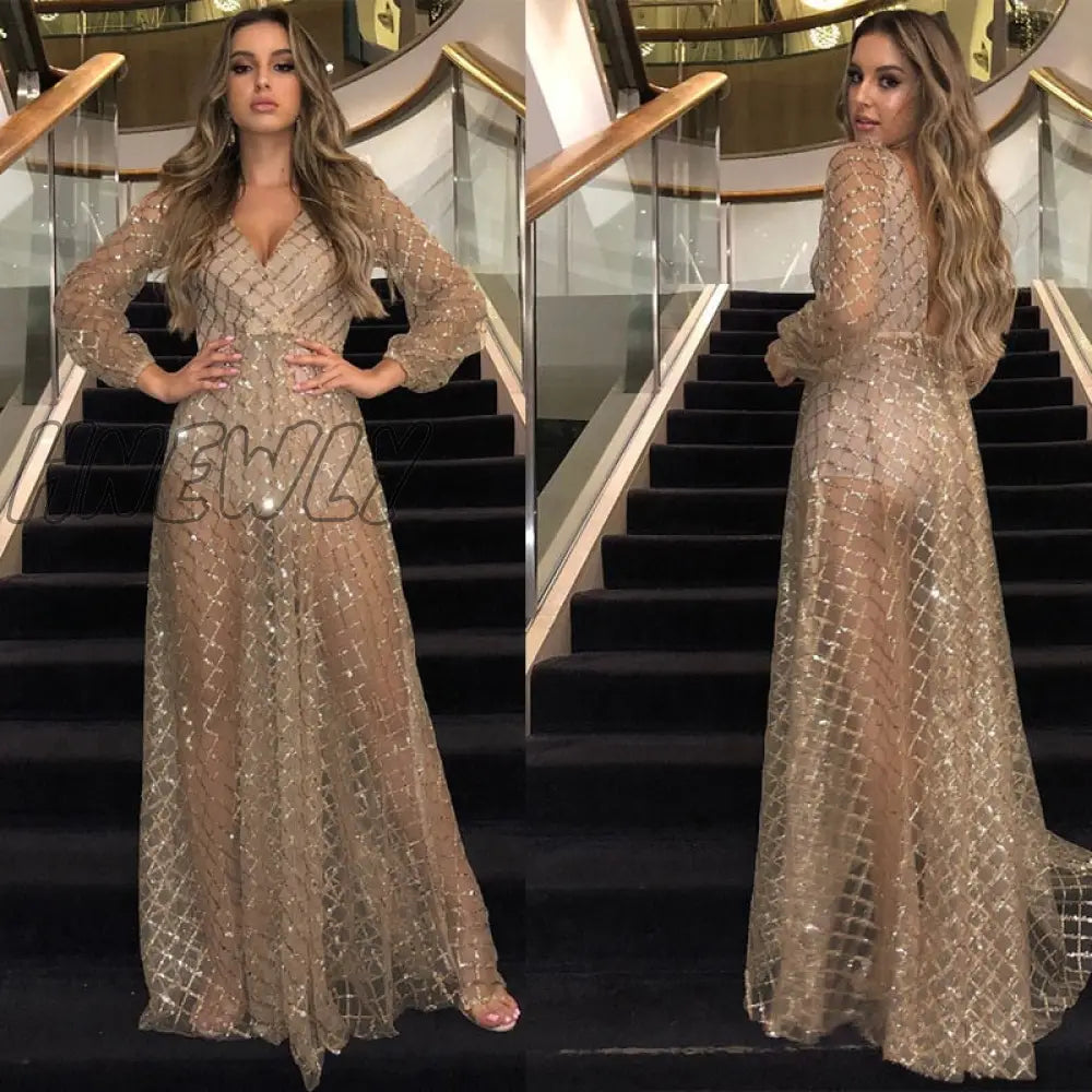 Hnewly Christmas Party Women Summer Long Dress Sleeve Sexy Mesh Tulle Gold Sequin Maxi Vestidos De