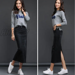 Hnewly Classic Denim Skirt Women Long Jean High Waist Pencil Ladies Stretch Black Blue Faldas