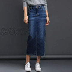 Hnewly Classic Denim Skirt Women Long Jean High Waist Pencil Ladies Stretch Black Blue Faldas