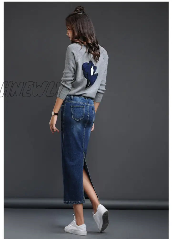 Hnewly Classic Denim Skirt Women Long Jean High Waist Pencil Ladies Stretch Black Blue Faldas