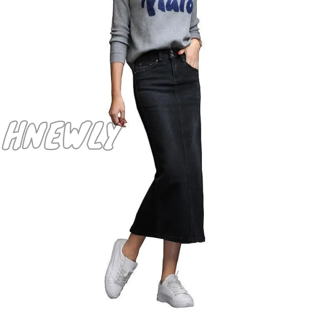 Hnewly Classic Denim Skirt Women Long Jean High Waist Pencil Ladies Stretch Black Blue Faldas