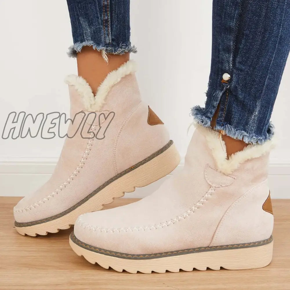 Hnewly Classic Non-Slip Ankle Snow Booties Warm Fur Lining Boots Beige / 5