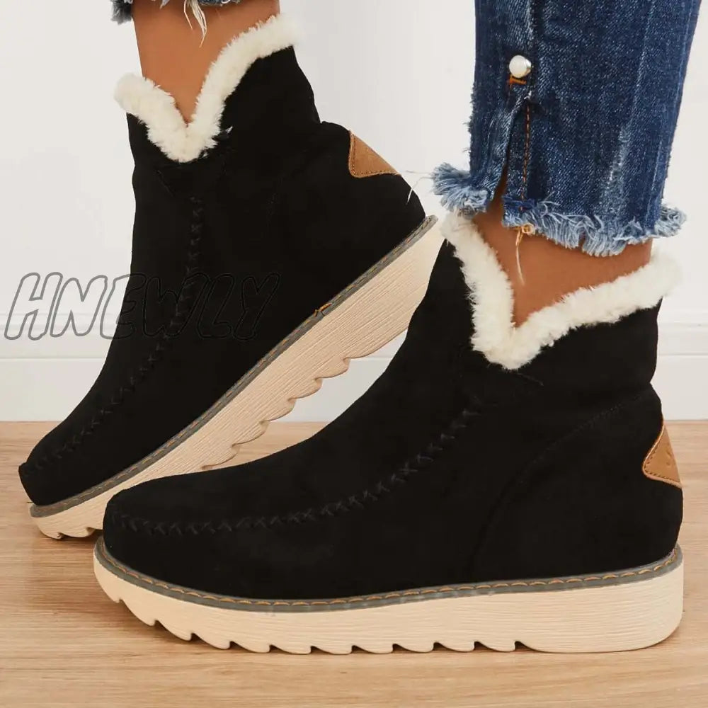 Hnewly Classic Non-Slip Ankle Snow Booties Warm Fur Lining Boots Black / 5