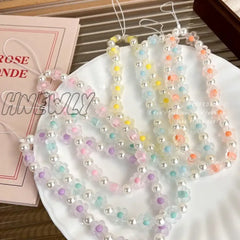 Hnewly Colorful Resin Flower Pearl Bead Cell Phone Chain For Creative Case Pendant Lovely Strap