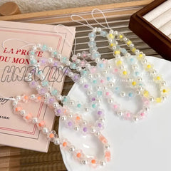 Hnewly Colorful Resin Flower Pearl Bead Cell Phone Chain For Creative Case Pendant Lovely Strap