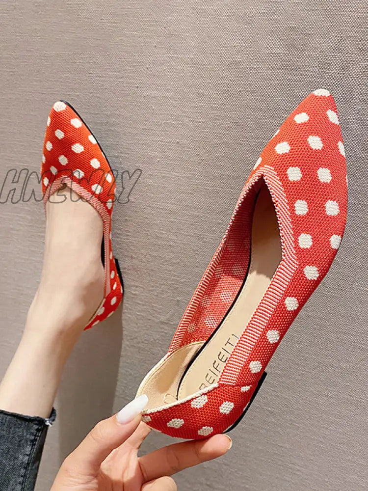 Hnewly - Contrast Color Pointed-Toe Polka-Dot V-Cut Low Heels Flat Shoes