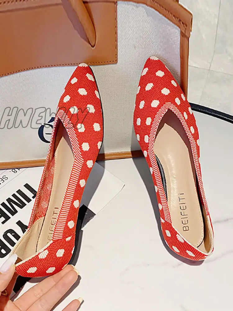 Hnewly - Contrast Color Pointed-Toe Polka-Dot V-Cut Low Heels Flat Shoes