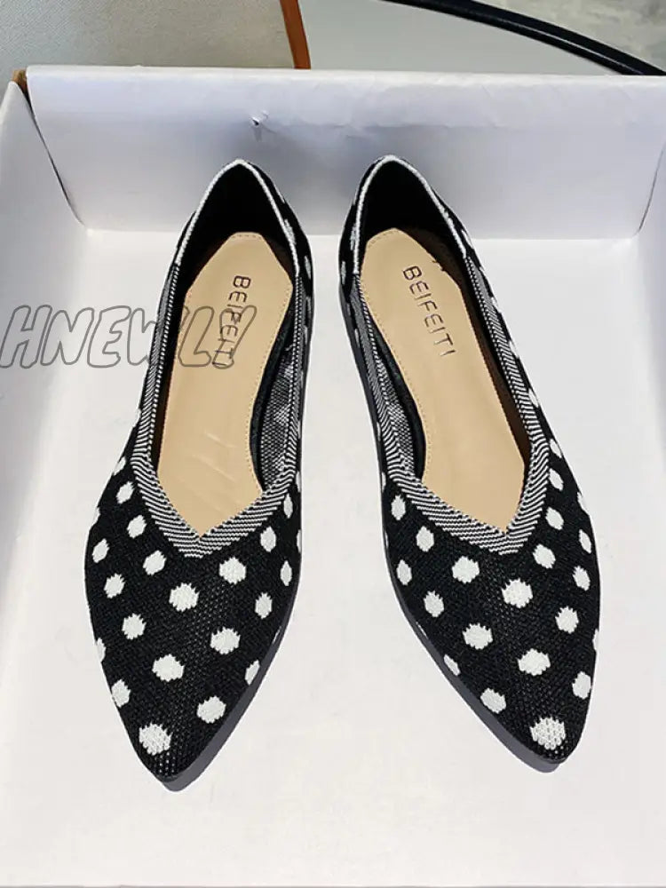 Hnewly - Contrast Color Pointed-Toe Polka-Dot V-Cut Low Heels Flat Shoes Black / Us 6 | Eu 36 2/3