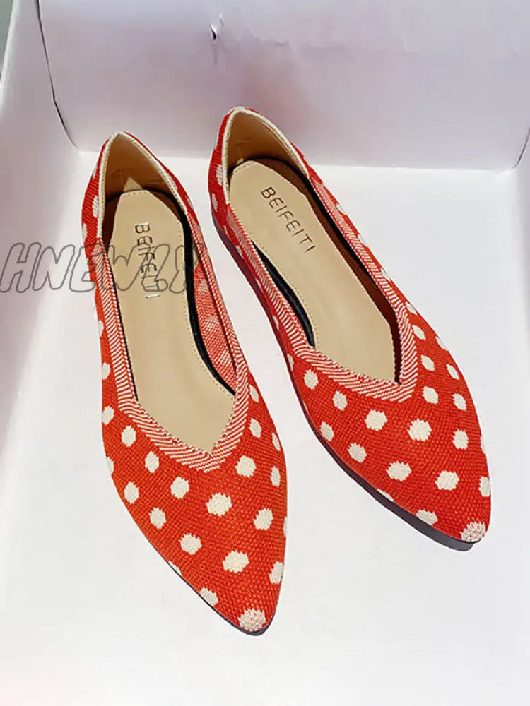 Hnewly - Contrast Color Pointed-Toe Polka-Dot V-Cut Low Heels Flat Shoes Red / Us 6 | Eu 36 2/3 Uk