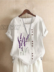 Hnewly Cotton And Linen Printed T Shirt Tops For Women Summer Loose Lavender Shirts Trendy Fits