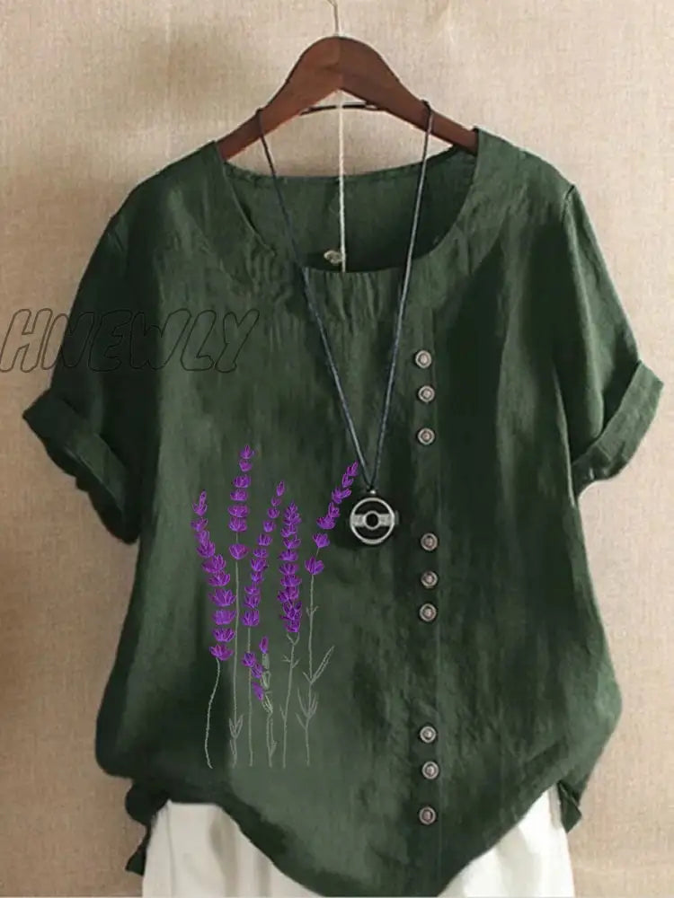 Hnewly Cotton And Linen Printed T Shirt Tops For Women Summer Loose Lavender Shirts Trendy Fits