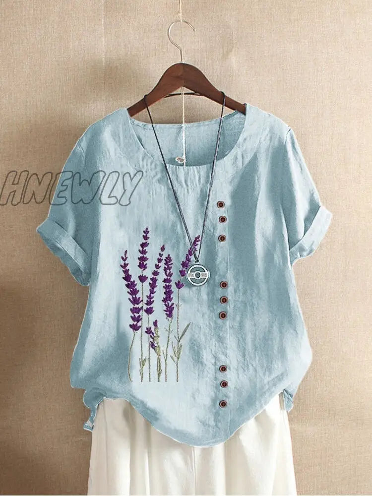 Hnewly Cotton And Linen Printed T Shirt Tops For Women Summer Loose Lavender Shirts Trendy Fits