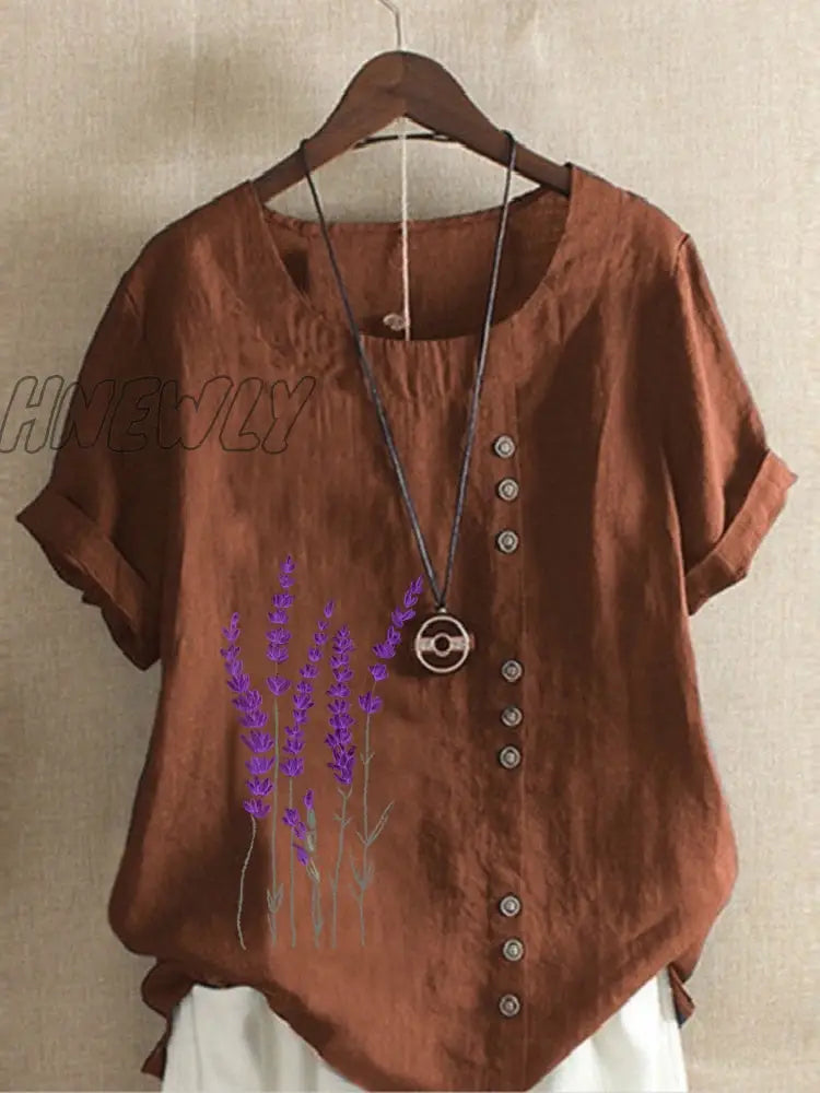 Hnewly Cotton And Linen Printed T Shirt Tops For Women Summer Loose Lavender Shirts Trendy Fits